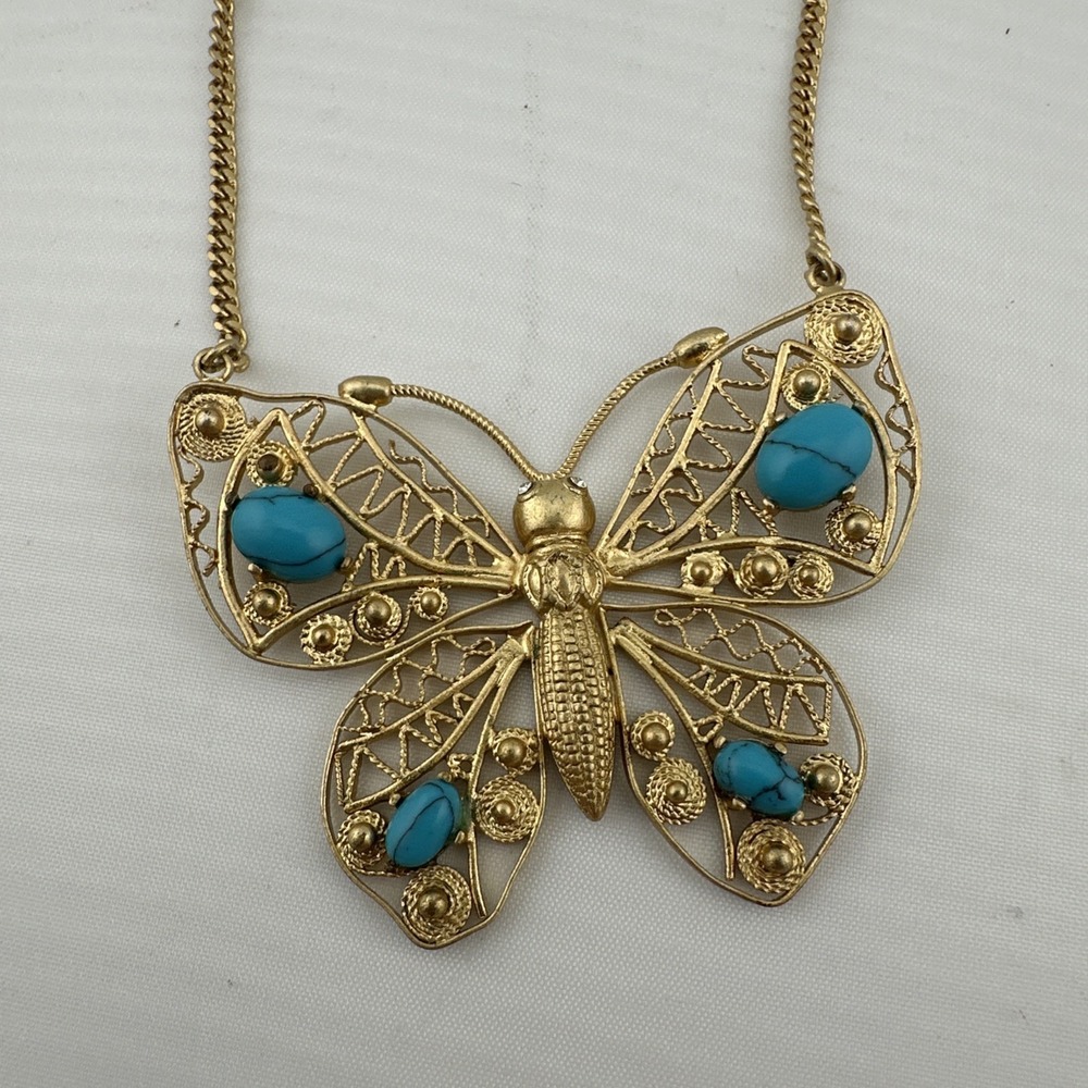 Juicy‎ Couture Y2K Filigree Butterfly Necklace Gold Tone Turquoise Colored Stone